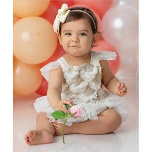Baby Girl Cream Ruffle One-Piece Bodysuit with Floral Detail